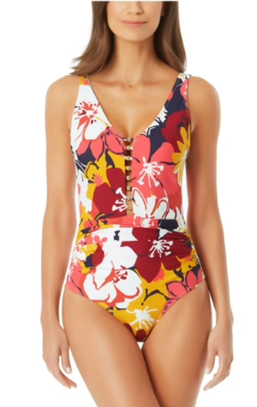 Anne Cole Swimsuit Size 10 Tropical Floral Print Front Cutout One Piece NWT